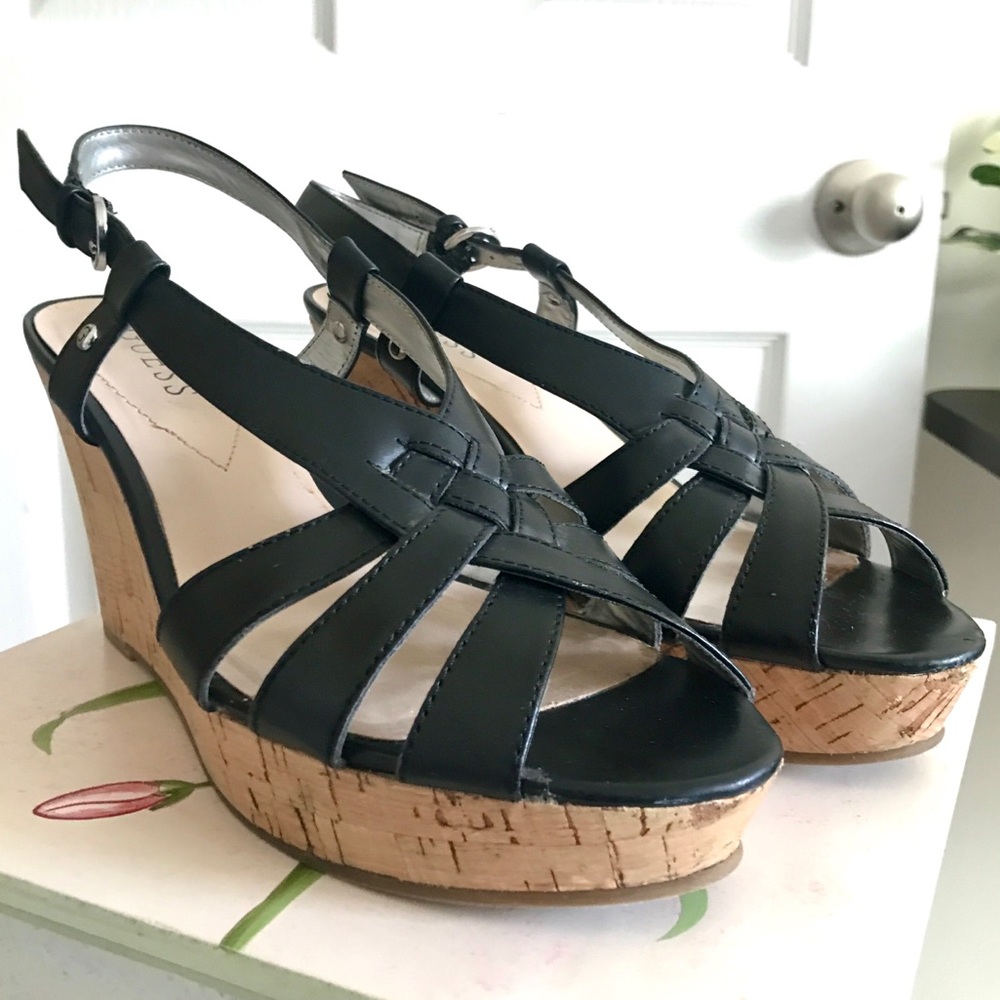 Guess Cork Wedge Heels Sandals Faux Leather Black Straps Summer